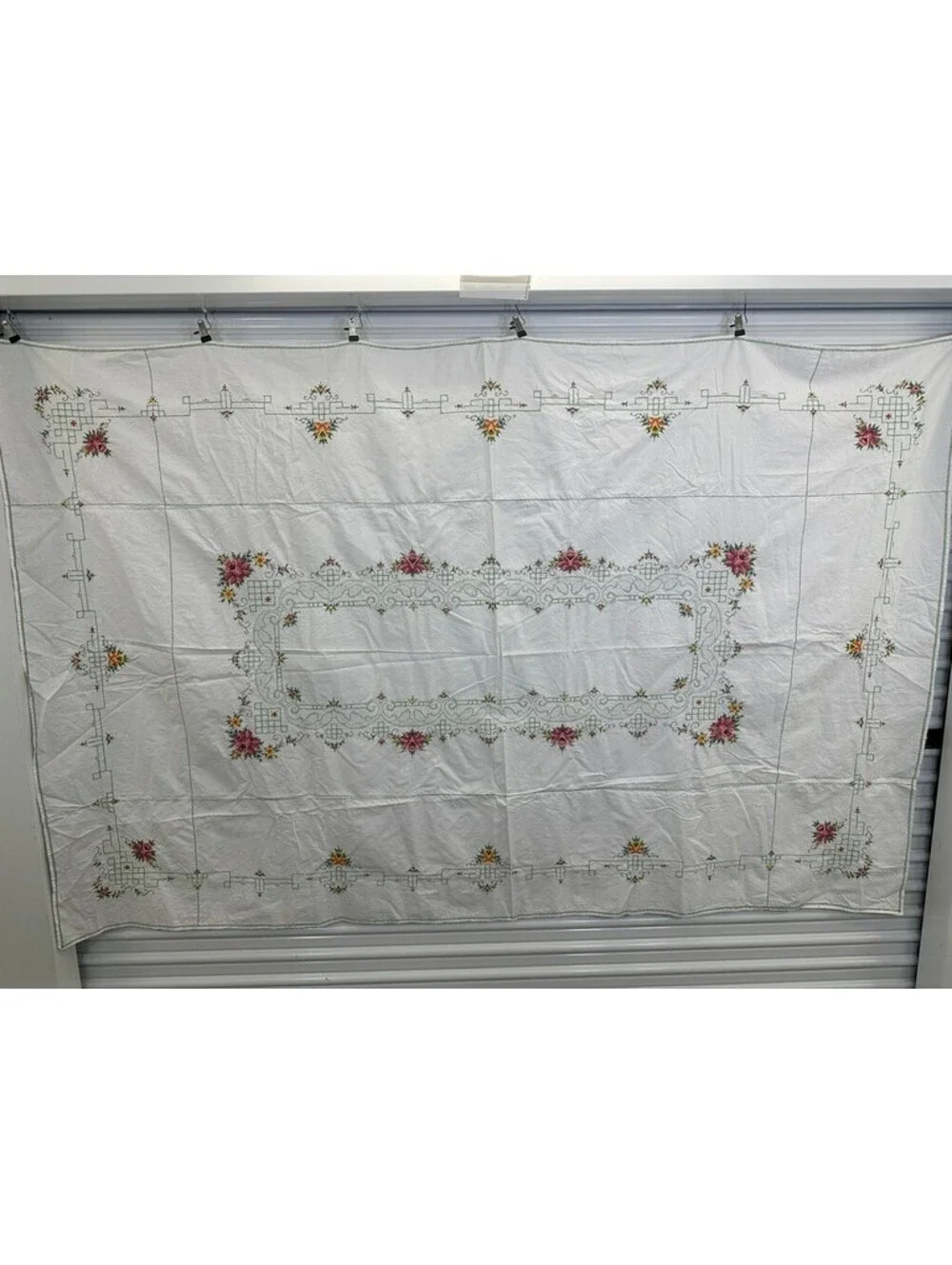 Vintage Geometric Floral Embroidery Cross Stitch Flowers Tablecloth Topper 63x96